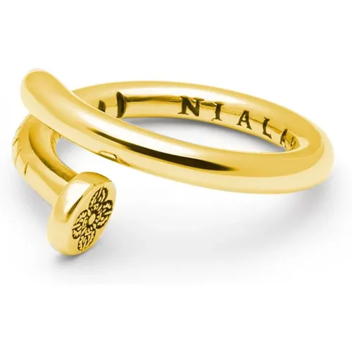 Men's Nail Ring with Dorje Engraving and Gold Finish , male, Sizes: 56 MM, 62 MM, 60 MM, 58 MM, 64 MM - Nialaya - Modalova
