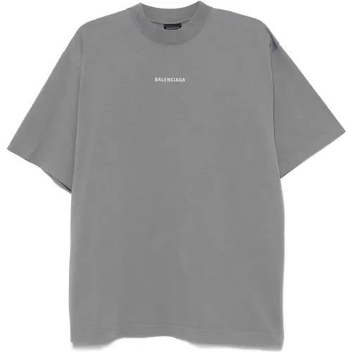 T-Shirts, male, , Size: S Grey Logo Print Cotton T-shirt - Balenciaga - Modalova