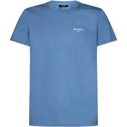 Klares Blaues T-Shirt aus Bio-Baumwolle mit Flock-Logo , Herren, Größe: L - Balmain - Modalova