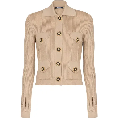 Kurze, gerippte Strickjacke mit Lochmuster - Balmain - Modalova