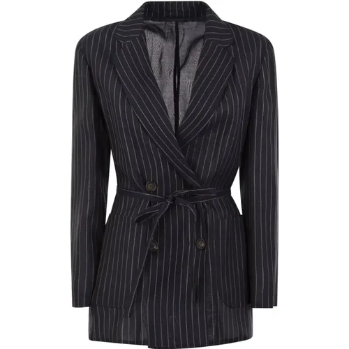 Blazers, female, , Size: S Sparkling Stripe Cotton Gauze Jacket With Belt And Necklace - BRUNELLO CUCINELLI - Modalova