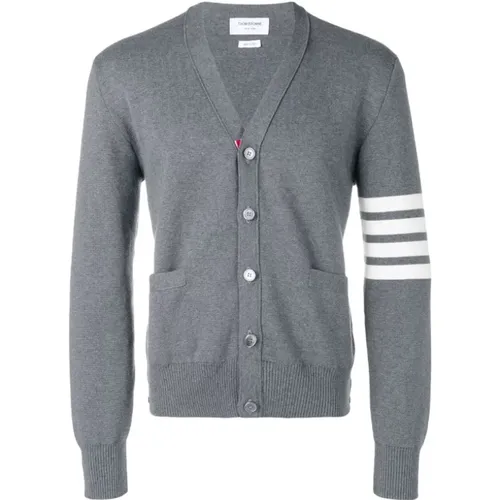 Cardigans, male, , Size: 2XL Medium Grey Cotton Cardigan with 4 Bar Stitch - Thom Browne - Modalova