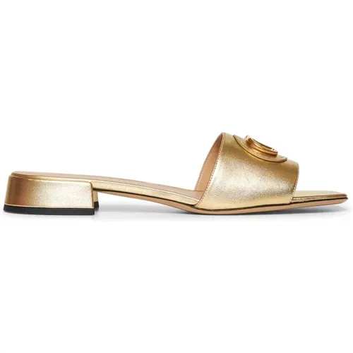 Sliders, female, , Size: 7 1/2 US Gold VLogo Leather Sandals - Valentino Garavani - Modalova