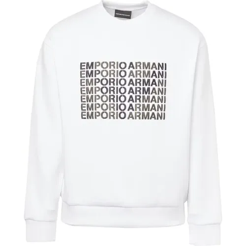 Weißes Herren Sweatshirt aus Stretch-Baumwolle mit Besticktem Logo und Adler-Grafik - Emporio Armani - Modalova