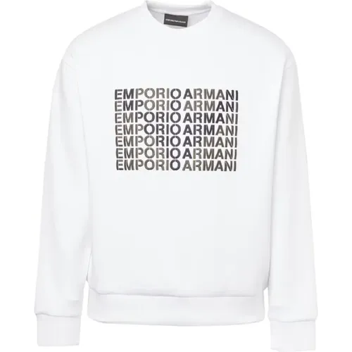 Weißes Herren Sweatshirt aus Stretch-Baumwolle mit Besticktem Logo und Adler-Grafik , Herren, Größe: L - Emporio Armani - Modalova