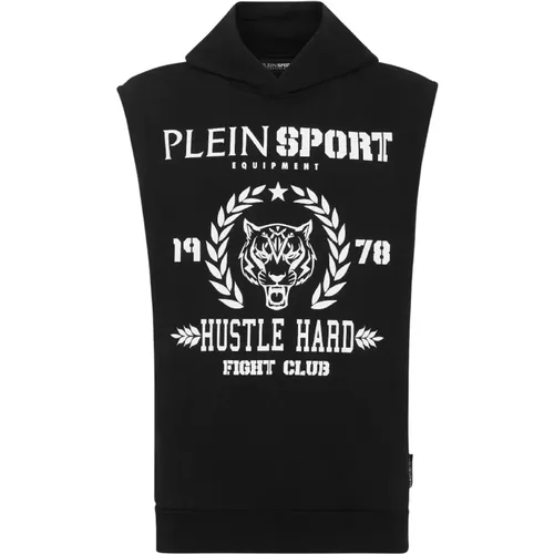 Schwarzes ärmelloses Tiger Hoodie T-shirt - Plein Sport - Modalova