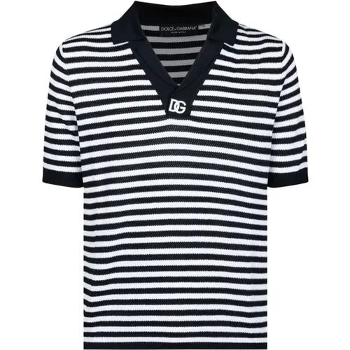 Blue White Striped V-Neck Polo Shirt , male, Sizes: M - Dolce & Gabbana - Modalova