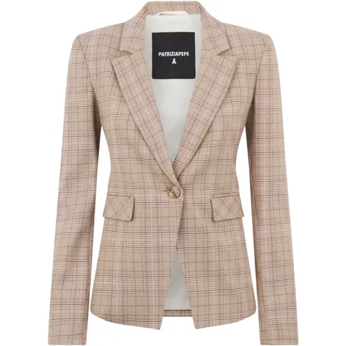 Blazers, female, , Size: M Beige Checkered Blazer Button Closure Pockets - PATRIZIA PEPE - Modalova