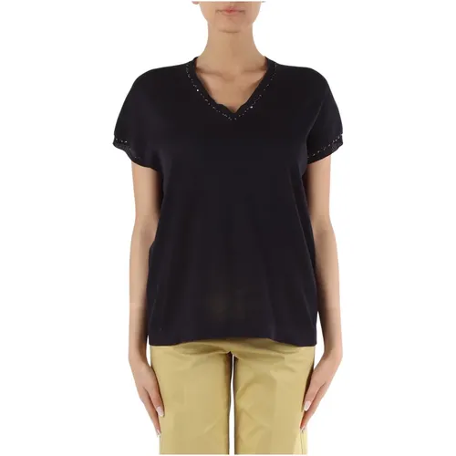 Cotton V-neck T-shirt with sequins , female, Sizes: S, M, XS - Fabiana Filippi - Modalova