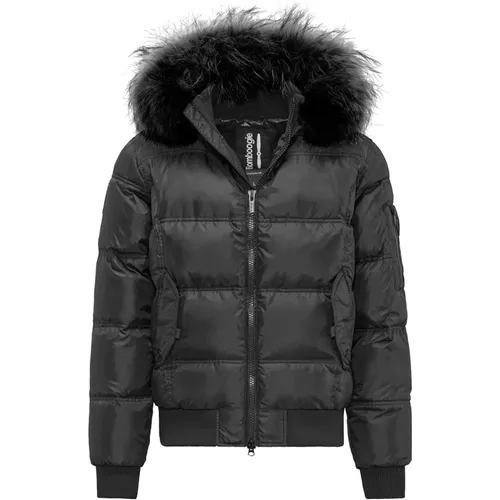 Down Jackets, male, , Size: 2XL Down Padded Bomber Jacket with Hood featuring Genuine Black Fur Trim - BomBoogie - Modalova