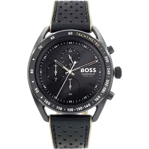 Edelstahl schwarzes Lederarmband Uhr - Hugo Boss - Modalova