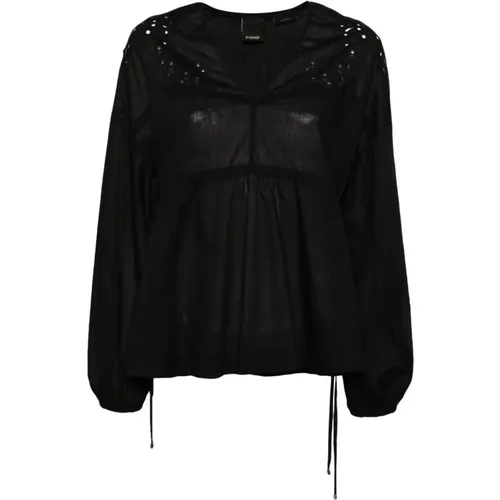 Schwarzes Baumwoll V-Ausschnitt Shirt , Damen, Größe: XS - pinko - Modalova