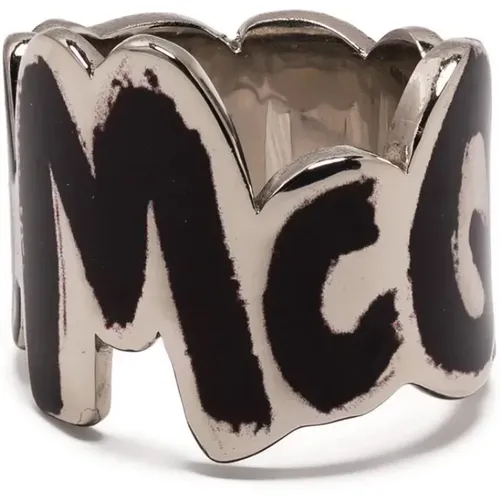 Rings, male, , Size: 58 MM Silver/Black Graffiti Logo Ring - alexander mcqueen - Modalova