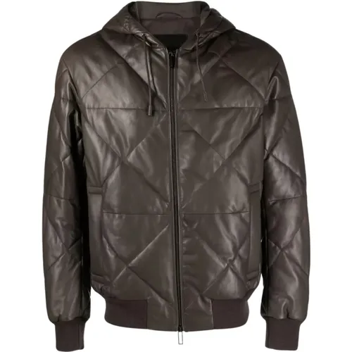 Hooded Leather Jacket, Zip Closure , male, Sizes: M - Emporio Armani - Modalova