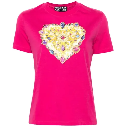 Fuchsia Cotton T-shirt with Heart Logo , female, Sizes: M - Versace Jeans Couture - Modalova