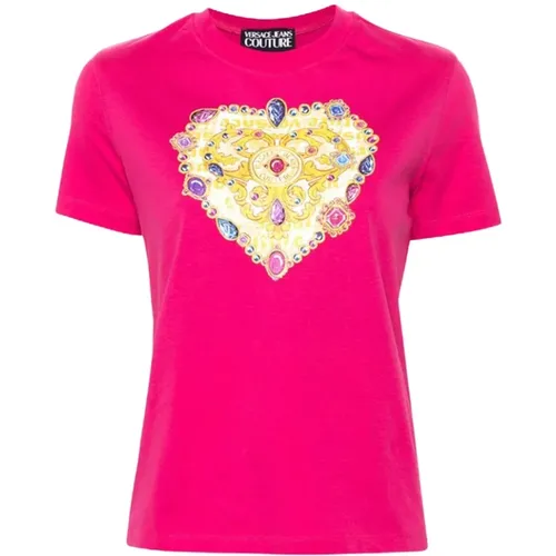 Fuchsia Cotton T-shirt with Heart Logo , female, Sizes: M, S - Versace Jeans Couture - Modalova