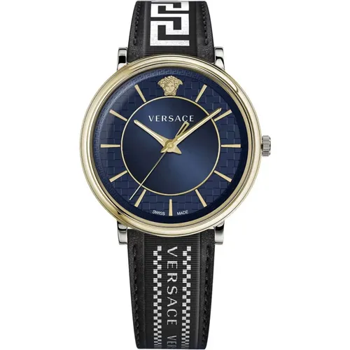 Blue Leather Strap Quartz Watch , male, Sizes: ONE SIZE - Versace - Modalova