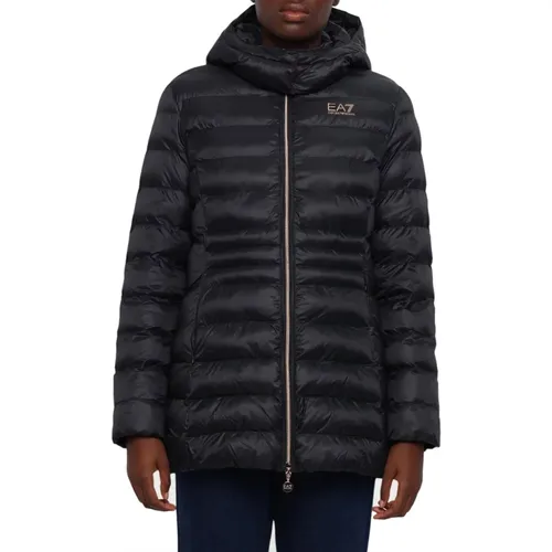 Schwarzer Wintermantel mit Kapuze , Damen, Größe: 2XL - Emporio Armani EA7 - Modalova