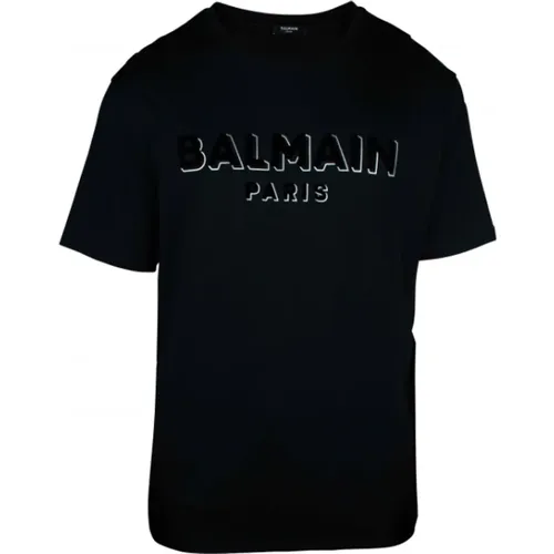 Schwarzes Texturiertes Logo Rundhals T-shirt , Herren, Größe: M - Balmain - Modalova