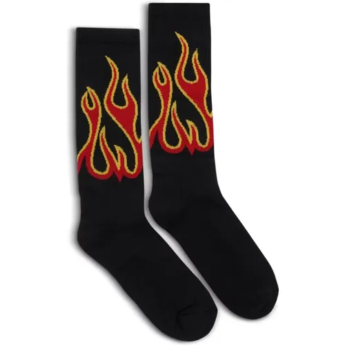 Socks, male, , Size: S/M Flames Logo Socks /Red Cotton Blend - Palm Angels - Modalova