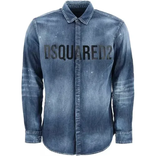 Denim Shirts, male, , Size: XL Denim shirt with printed logo - Dsquared2 - Modalova