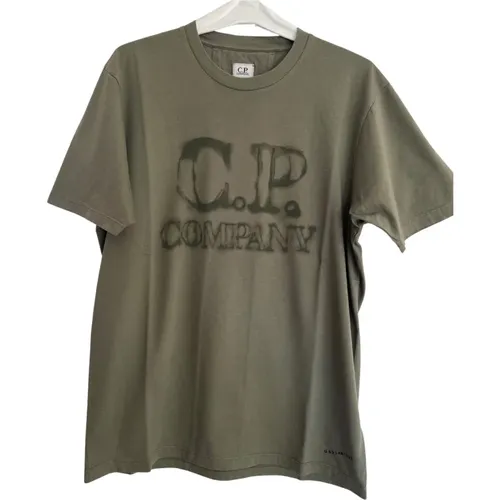 Khaki Farbe Rundhals T-Shirt für Herren , Herren, Größe: L - C.P. Company - Modalova