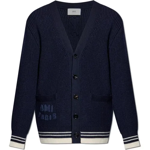 Cardigans, male, , Size: M Wool Cardigan with Logo - Ami Paris - Modalova