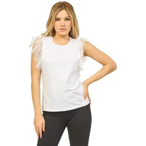 Weißes Baumwoll-Stretch-T-Shirt mit Spitzen-Details , Damen, Größe: M - Gaudi - Modalova