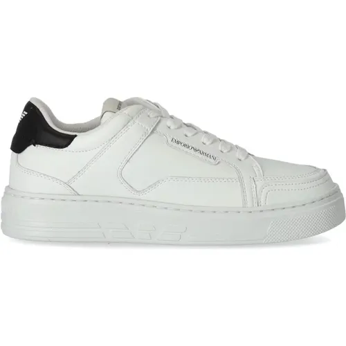 Weiße Ledersneaker mit Schwarzer Logo-Absatz - Emporio Armani - Modalova