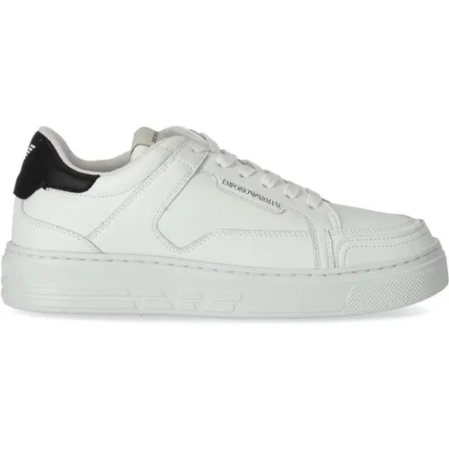 Weiße Ledersneaker mit Schwarzer Logo-Absatz , Damen, Größe: 38 EU - Emporio Armani - Modalova