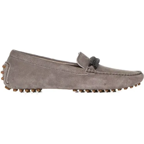 Taupe Grey Leather Slip-On Flat Shoes , female, Sizes: 4 UK - BRUNELLO CUCINELLI - Modalova