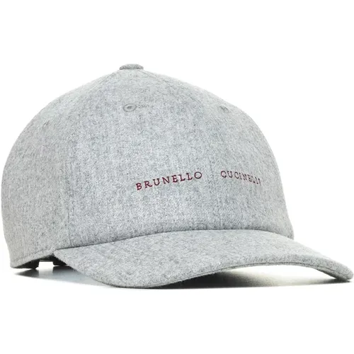 Caps, male, , Size: S Grey Wool Baseball Cap with Red Logo - BRUNELLO CUCINELLI - Modalova