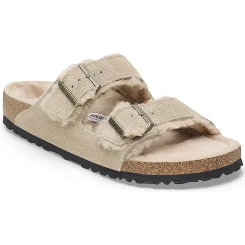 Sliders, male, , Size: 9 US Shearling Taupe Leather Arizona Sliders - Birkenstock - Modalova