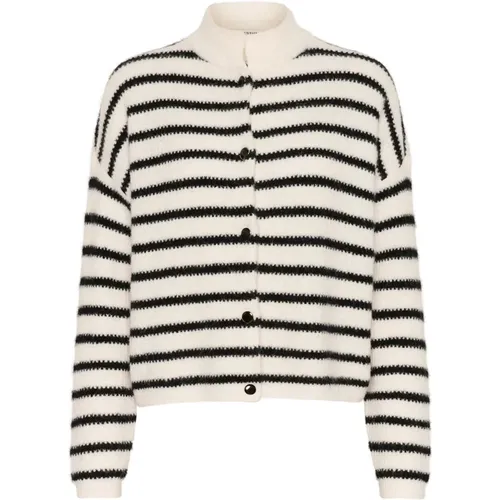 Cardigans, female, , Size: XL Striped Short Cardigan Ivory Black - Gestuz - Modalova