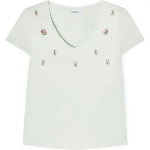 V-Ausschnitt T-Shirt mit Steinchenstickerei , Damen, Größe: L - Motivi - Modalova