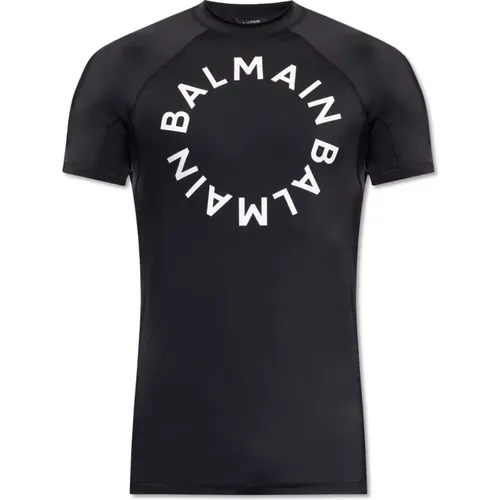 Schwarzes Swim T-shirt mit Logo-Print - Balmain - Modalova