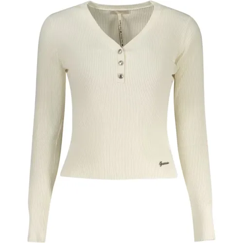 V-Ausschnitt Strickpullover mit Stickerei , Damen, Größe: XS - Guess - Modalova