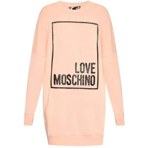 Rosa Baumwollkleid mit Eco-Leder Logo - Love Moschino - Modalova