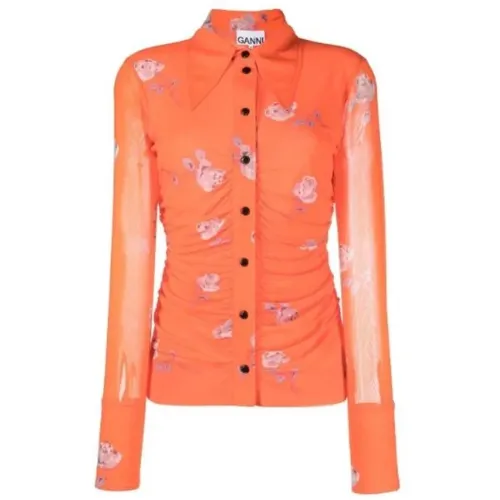 Bedrucktes Mesh-Gerafftes Hemd, Orangeade Farbe - Ganni - Modalova