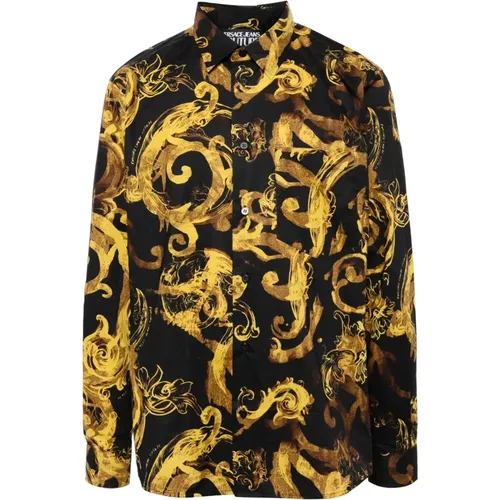 Schwarzes Aquarell-Print-Baumwollhemd , Herren, Größe: M - Versace Jeans Couture - Modalova