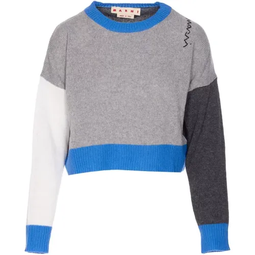 Round-neck Knitwear, female, , Size: 3XS Grey Color-Block Embroidered Sweater - Marni - Modalova