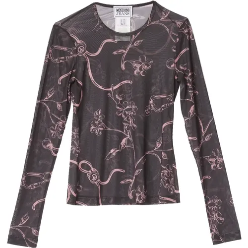 Long Sleeve Tops, female, , Size: M Sheer Long Sleeve Floral Print Top - Moschino - Modalova