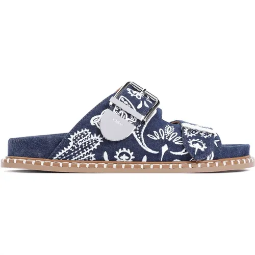 Sliders, female, , Size: 6 US Blue Cotton Flat Sandals - Chloé - Modalova