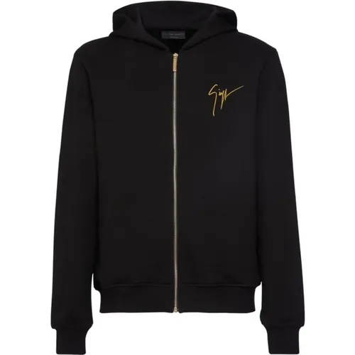 Zip-throughs, male, , Size: M Hooded Zip-Up Cotton Sweatshirt with Round Neck and Long Sleeves - giuseppe zanotti - Modalova