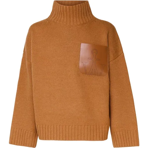 Turtlenecks, male, , Size: L Wool Polo Neck Sweater with Leather Pocket - JW Anderson - Modalova