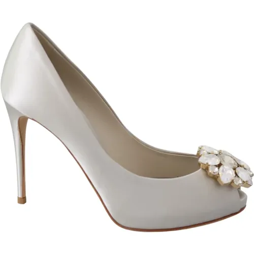 Weiße Kristalle Peep Toe Absätze Satin Pumps Schuhe , Damen, Größe: 38 1/2 EU - Dolce & Gabbana - Modalova