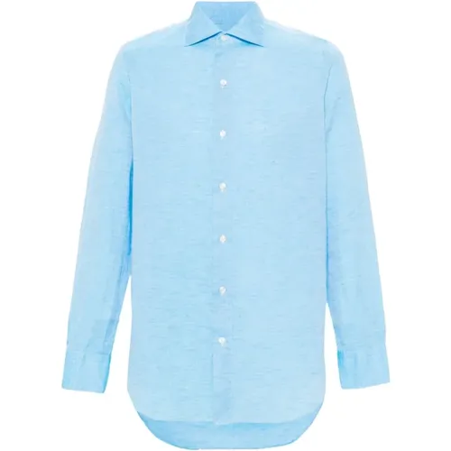 Klares Blaues Baumwoll-Leinen-Hemd , Herren, Größe: 5XL - Finamore - Modalova
