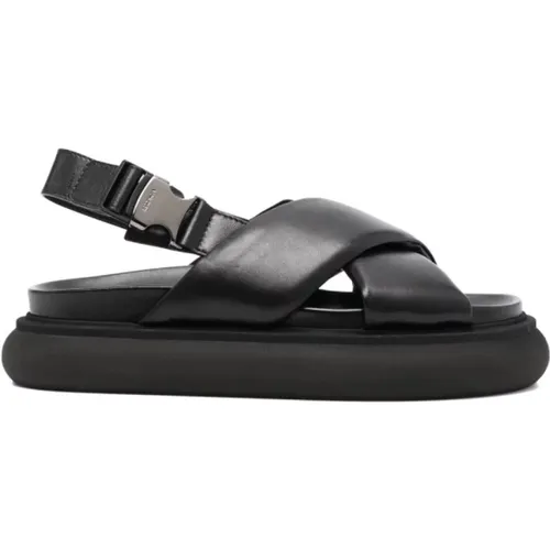 Schwarze Lederkreuzriemensandalen , Damen, Größe: 37 EU - Moncler - Modalova