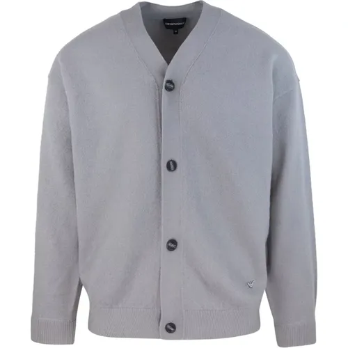 Cardigans, male, , Size: L Grey Wool Cardigan V-Neck Long Sleeve - Emporio Armani - Modalova