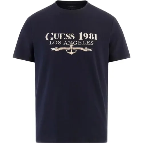 Blaues Textil Herren T-Shirt , Herren, Größe: L - Guess - Modalova